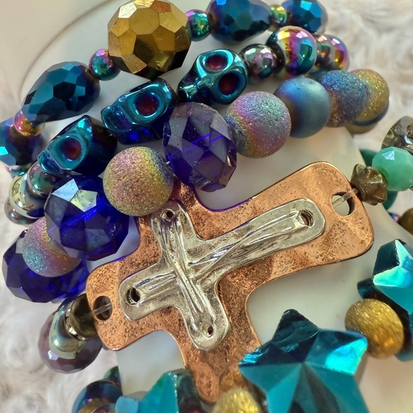 Multicolor Iridescent Handmade Beaded Bracelet Set with Cross Charm - Picture 2 of 5